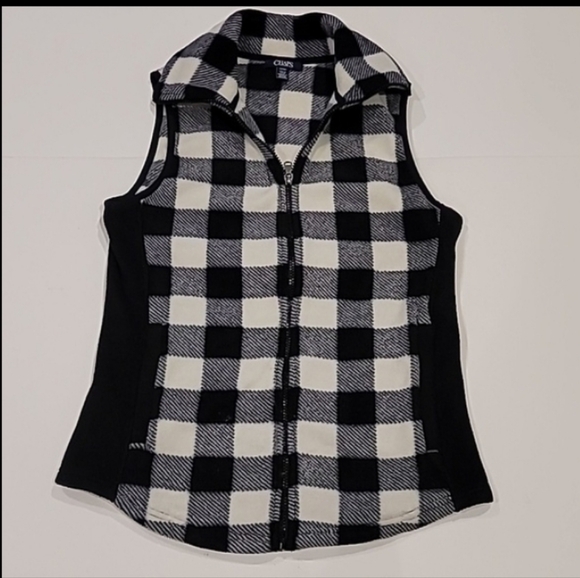 Chaps Fleece Buffalo Plaid High Zipper Neck Vest Black White Small - Picture 2 of 9